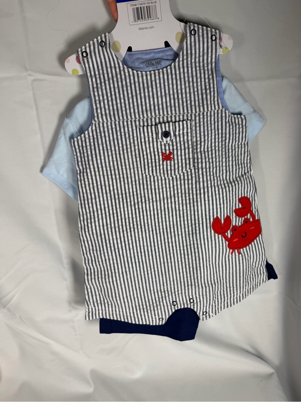 Little Me Blue & White Striped Baby Romper with Red Crab